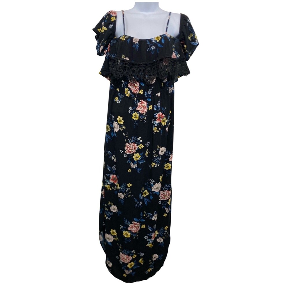 No Boundaries Maxi Dress Juniors Large On/Off Shoulder Boho Lace Floral Print